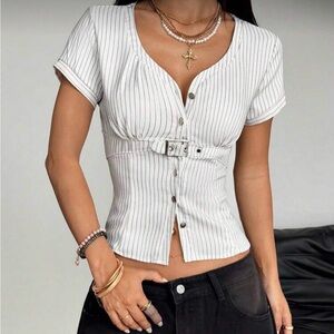 SHEIN White Striped Button-Up Blouse